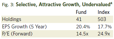 Image shows the holdings, EPS growth and P/E forward of the fund versus the Index